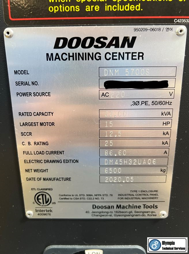 2020 DOOSAN DNM 5700S Vertical Machining Centers | Olympia Technical Services